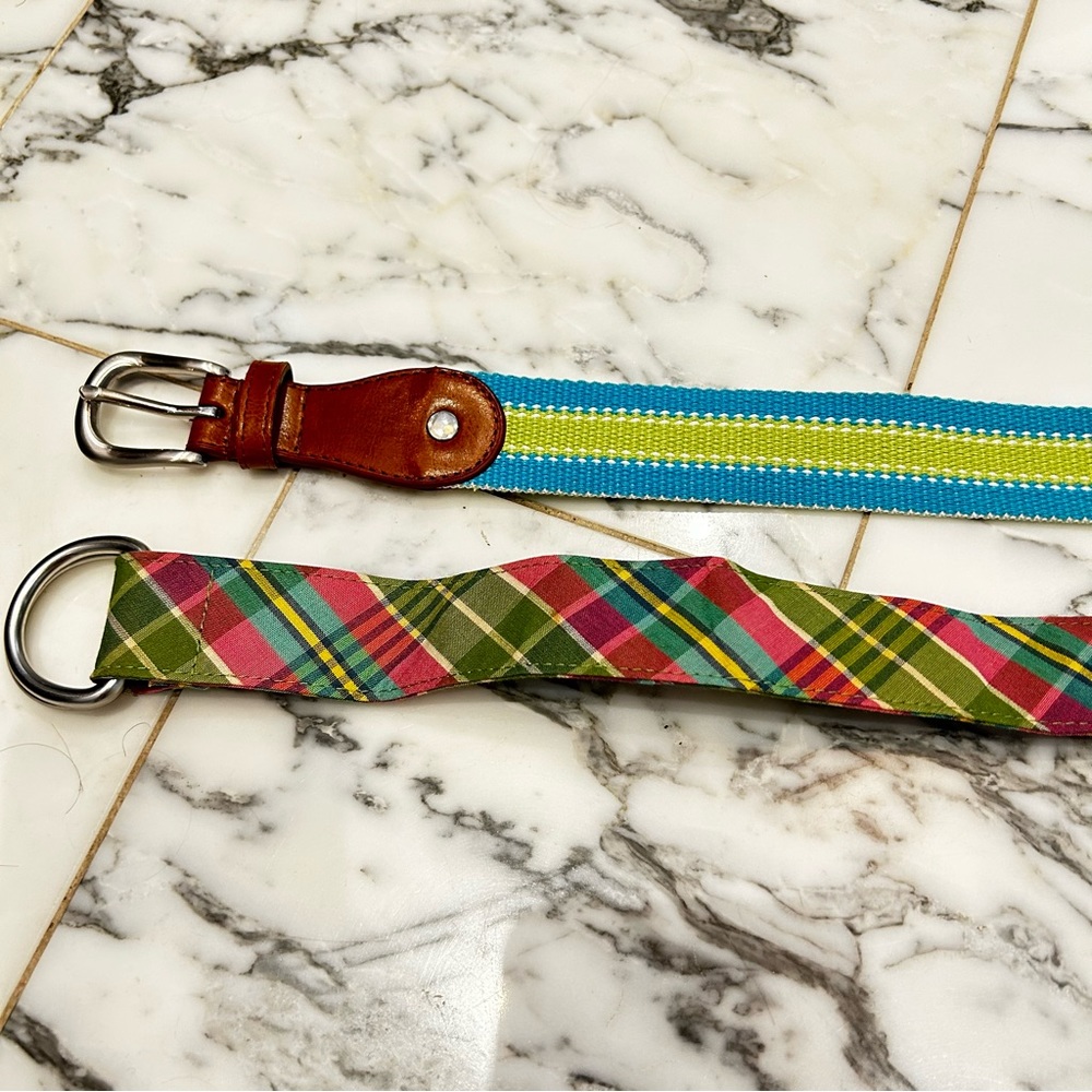 Belts bundle of 2 belts, blue green strip and multiple color plaid